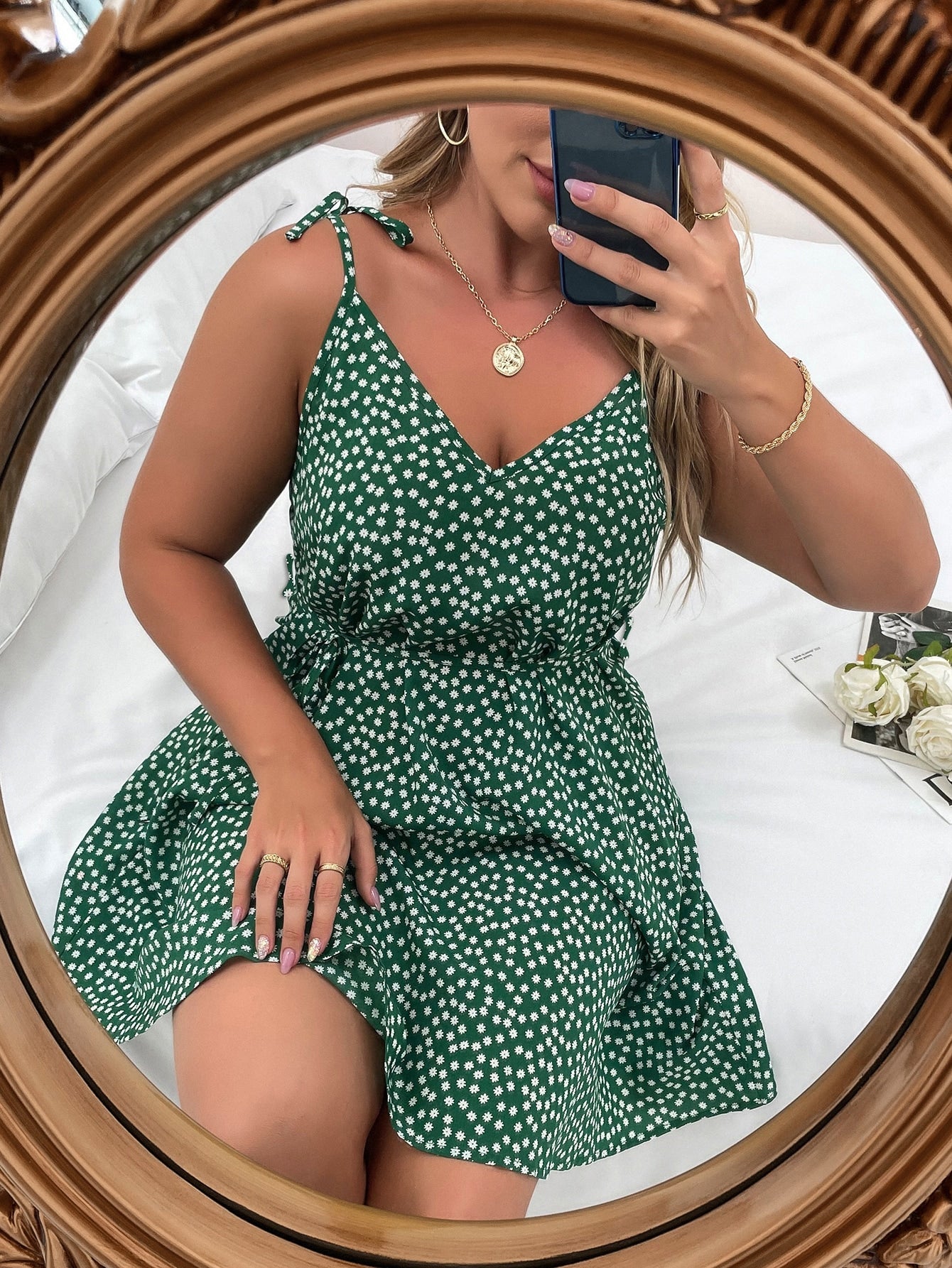 Vestido Feminino Floral Nó Ombro (Plus Size)