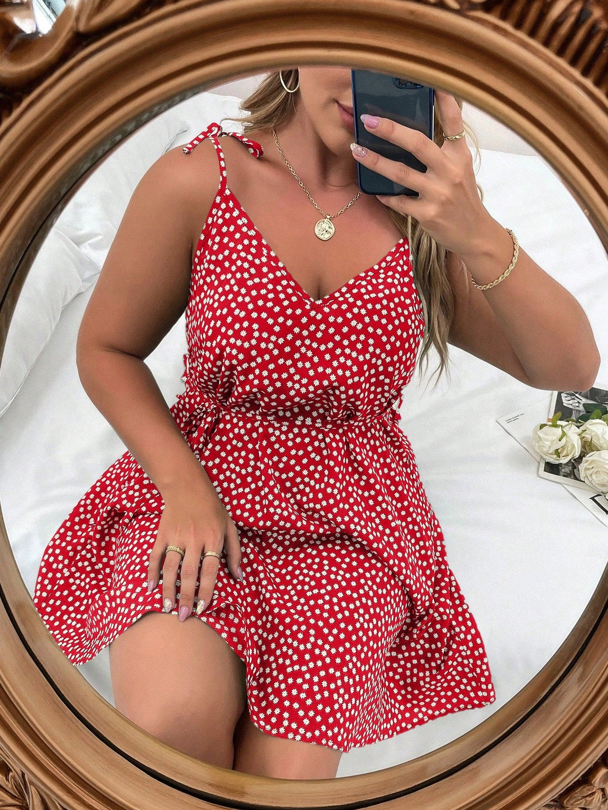 Vestido Feminino Floral Nó Ombro (Plus Size)