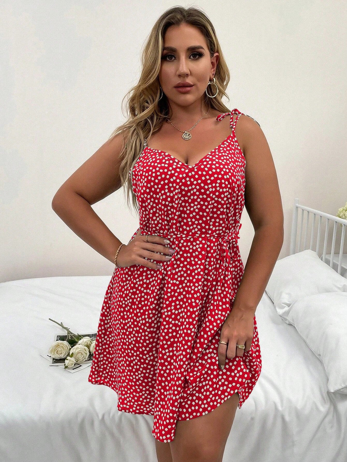 Vestido Feminino Floral Nó Ombro (Plus Size)