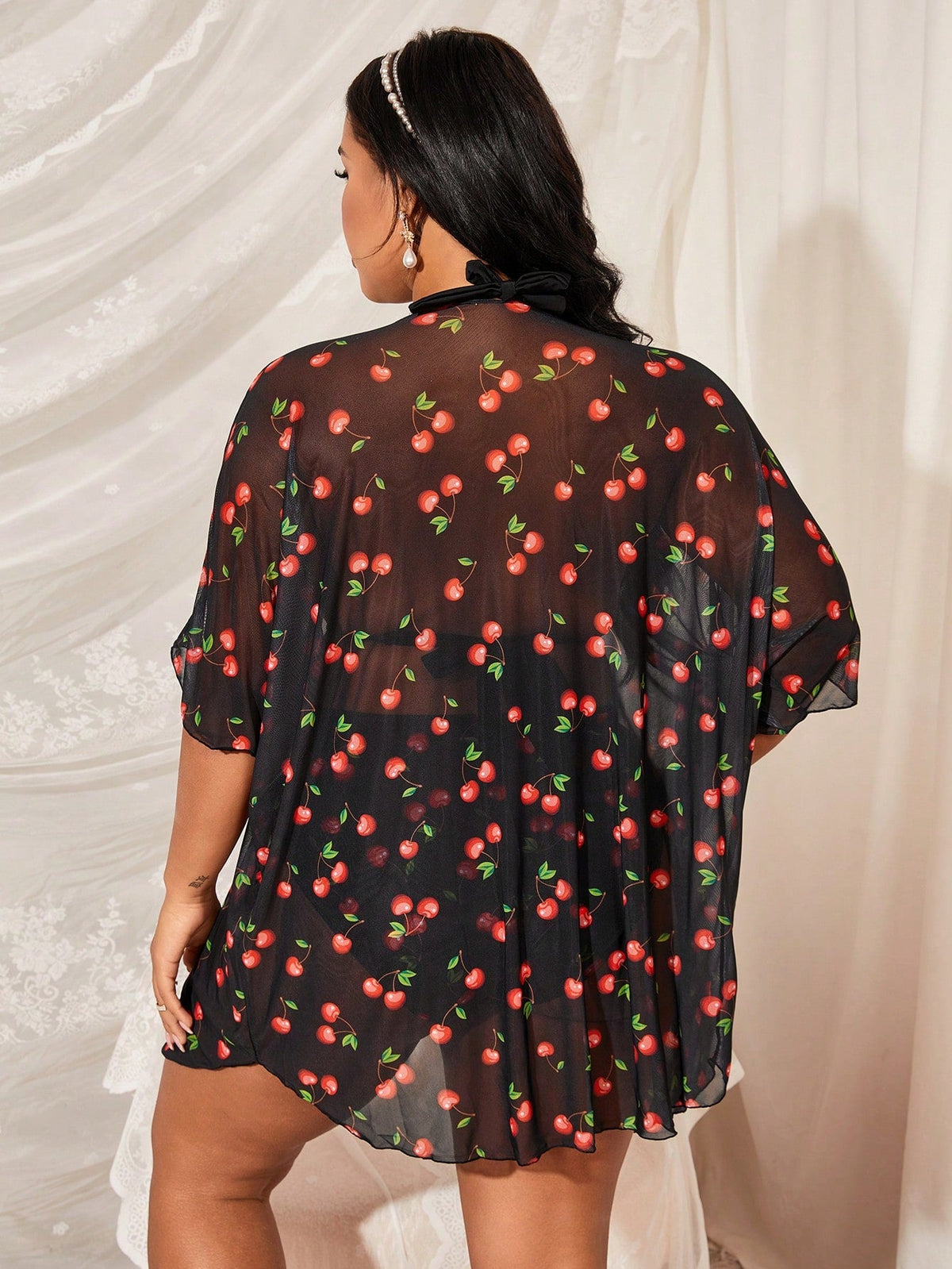 Conjunto De Biquini e Quimono Estampa Cereja Plus Size