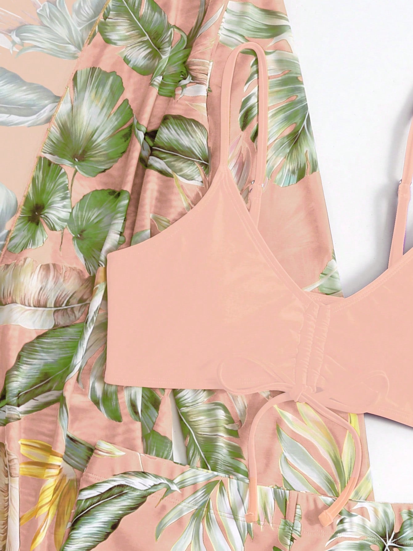 Conjunto de Biquini Feminino de Praia e Quimono Tropical Rosa Bebê