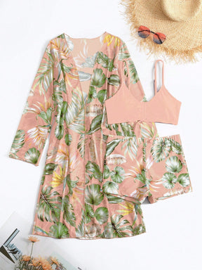 Conjunto de Biquini Feminino de Praia e Quimono Tropical Rosa Bebê