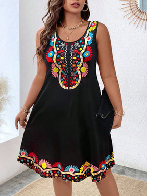 Vestido Casual Com Estampa Floral Sem Manga Plus Size