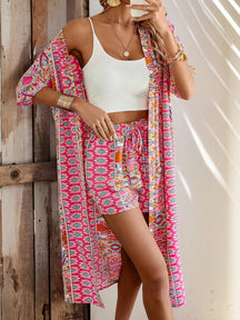 Conjunto Short e Quimono Casual Solto Estampa Tropical