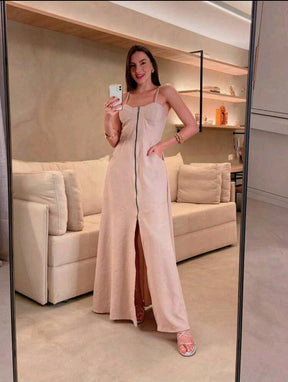 Vestido Longo Casual com Zíper e Fenda